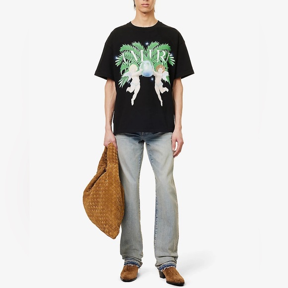 NWT Men’s Size Large AMIRI Airbrush Cherub Print Tee 100% Cotton In Black/Green - Picture 6 of 14
